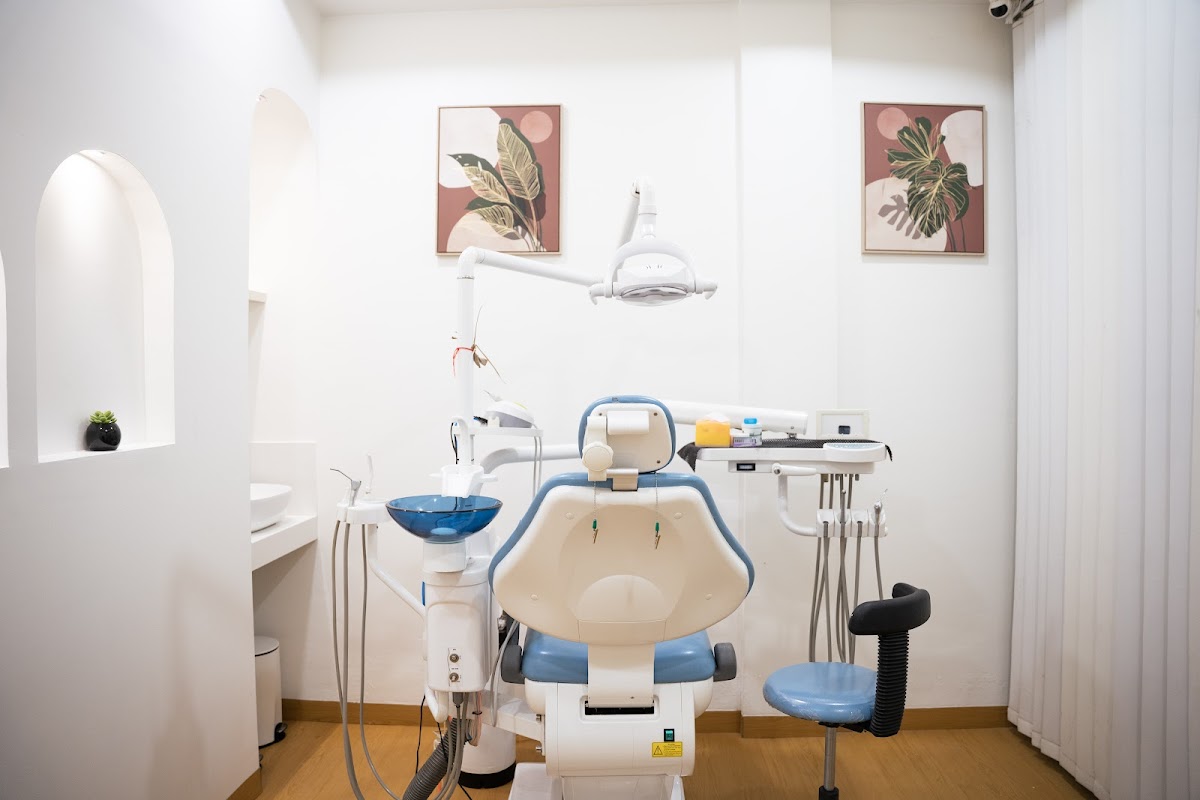 Bright and modern dental treatment room at Bali Family Dental Care with botanical art and minimalist design