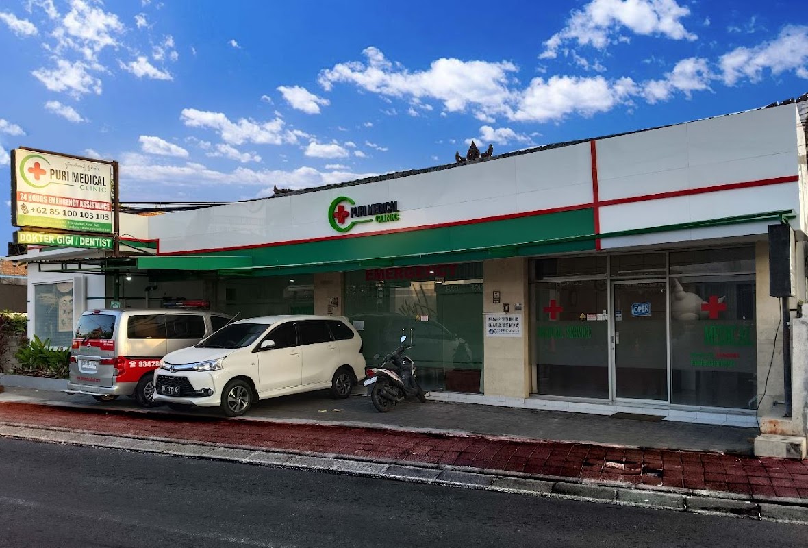 Street view of Puri Medical Clinic building with signage and freestanding sign in Bali